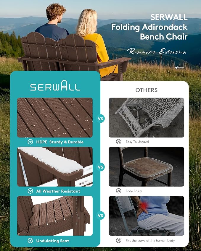SERWALL Folding Adirondack Bench, HDPE All-Weather Adirondack Loveseat Set of 2 - Image 5