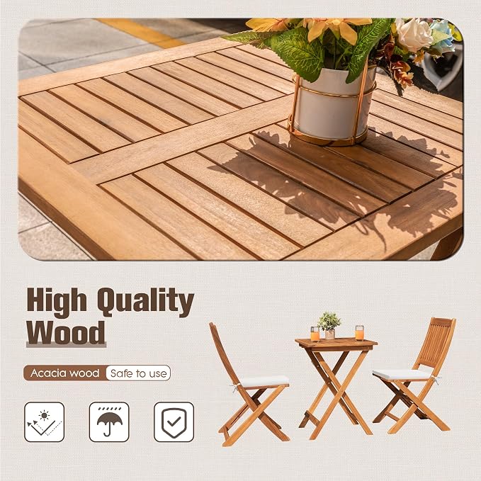 Devoko Outdoor 3 Piece Folding Patio Bistro Set Acacia Wood Bistro Table and - Image 2