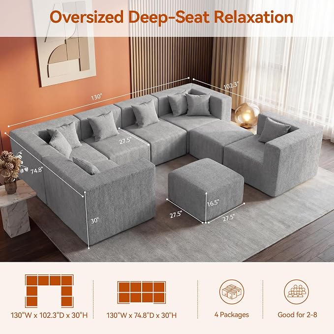 MONVANE Modular Sectional Sofa, Oversized 8 Seat Convertible U Shaped Couch - Image 3