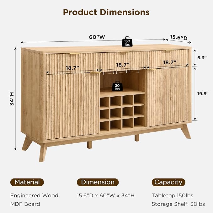 OKD Fluted Wine Bar Cabinet, 3 Drawers, 4 Glass Holders & 12 Wine Racks - Image 2