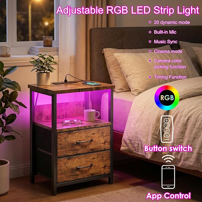 Fixwal Night Stand with Charging Station, LED Nightstand with U-S-B Ports and - Image 4