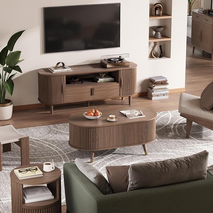 SULIVES Oval Coffee Table with Storage, Small Fluted Center Table - Image 8