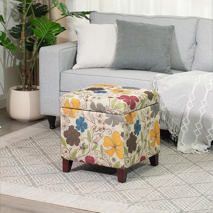 Adeco 18 Inch High Cube Ottoman Storage, Floral Printed Linen Chair Foot Stools - Image 7