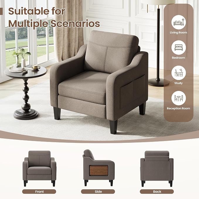 Accent Chair for Living Room Modern Linen Upholstered Armchair Side Wooden - Image 4