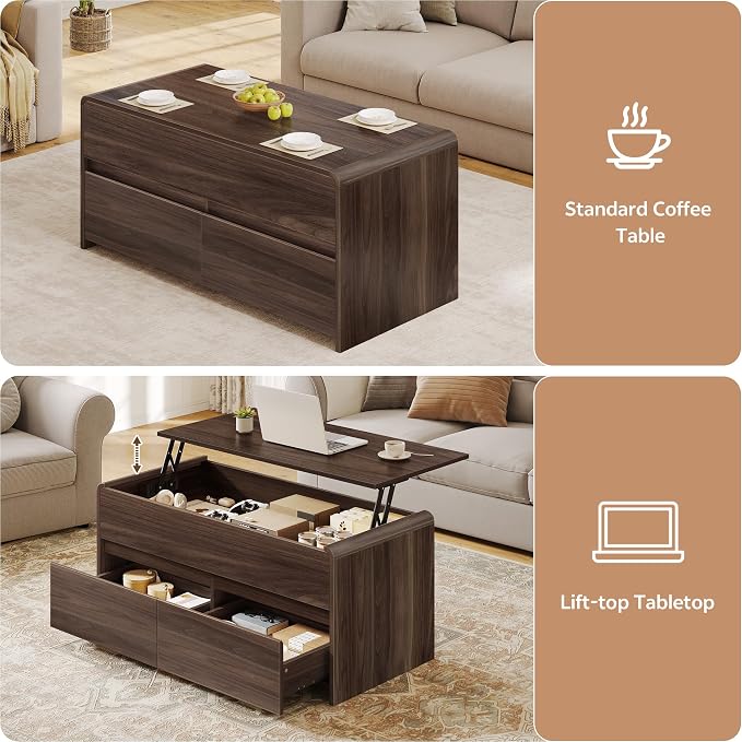 Coffee Table Lift Top with 2 Drawers, 40 Inch Multi-Function Coffee Table with - Image 3