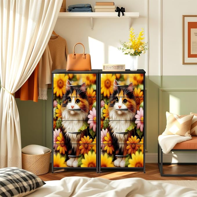 Dresser for Bedroom Calico Cat Surrounded by Bright Sunflowers Daisies Garden - Image 2