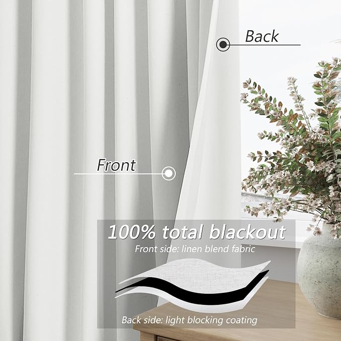 Guken White 100% Blackout Linen Curtains 52 Inch Wide by 66 Inch - Image 3