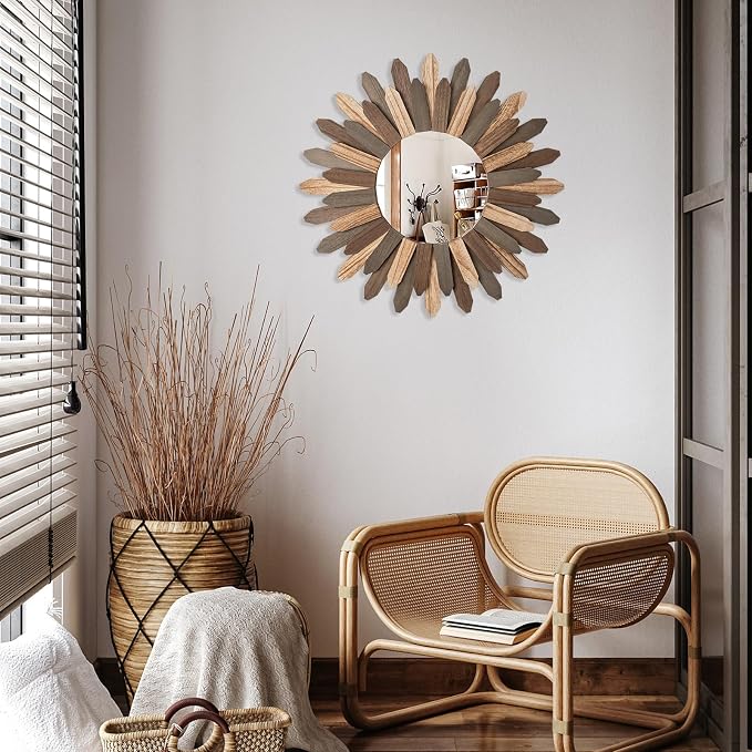 Emfogo Wall Mirror 21 inch Large Rustic Wood Boho Mirror Wall Decor Boho Room - Image 2