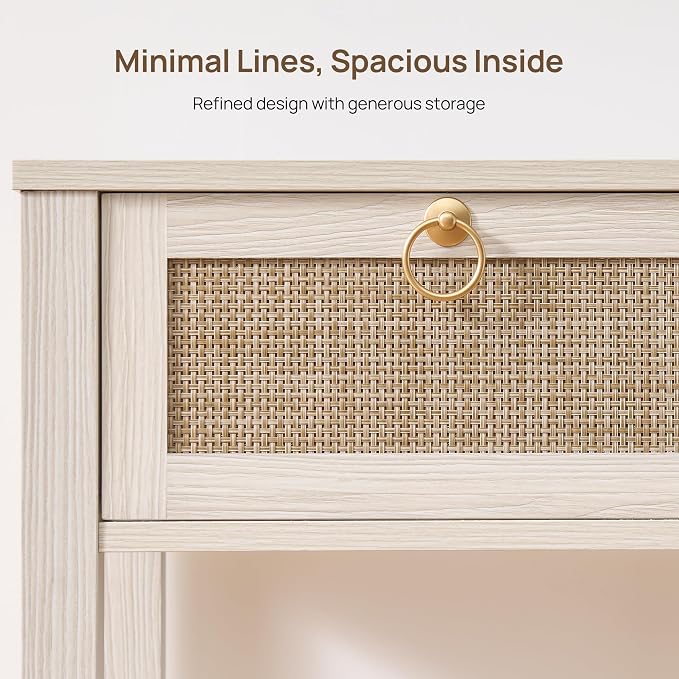 SICOTAS White Nightstand Set of 2, Rattan Decor Drawer - Image 4