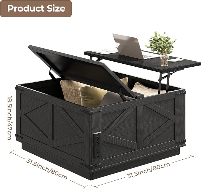Jocoevol Farmhouse Lift Top Coffee Table, Square Wood Center Table - Image 2