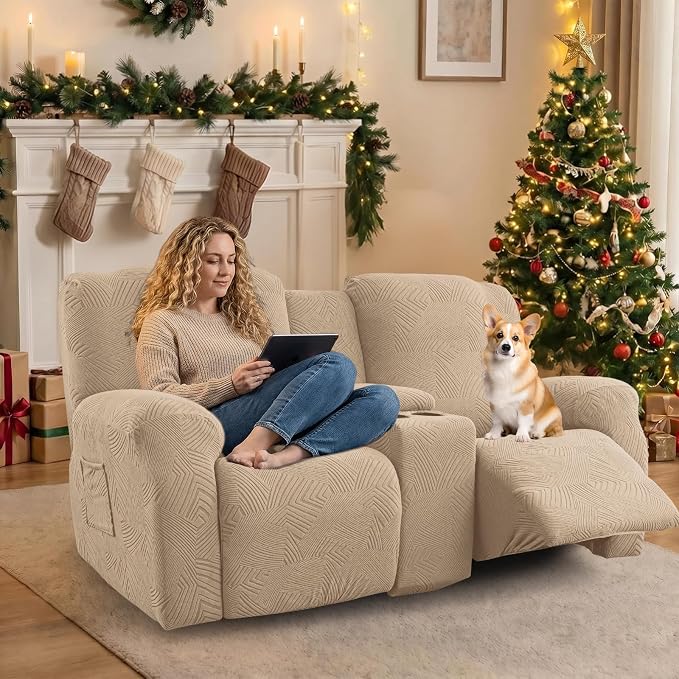 Recliner Loveseat Covers with Console, 6-Piece Stretch Geometric Strokes - Image 5
