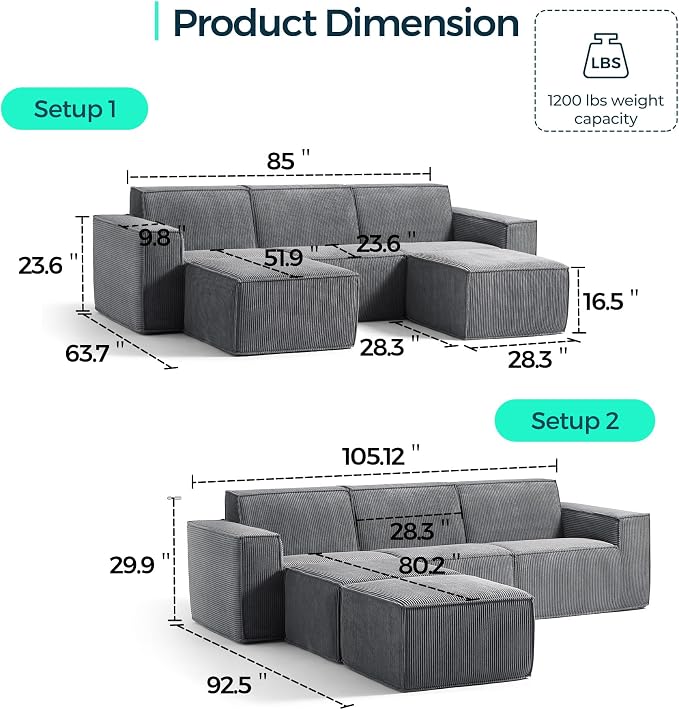 LINSY HOME Modular Sectional Sofa, Corduroy Sectional Cloud Couches - Image 2