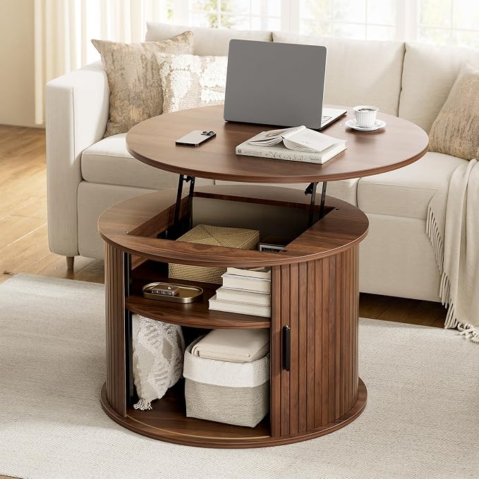 FABATO Round Lift Top Coffee Table, Fluted Wood Accent Coffee Table by FABATO