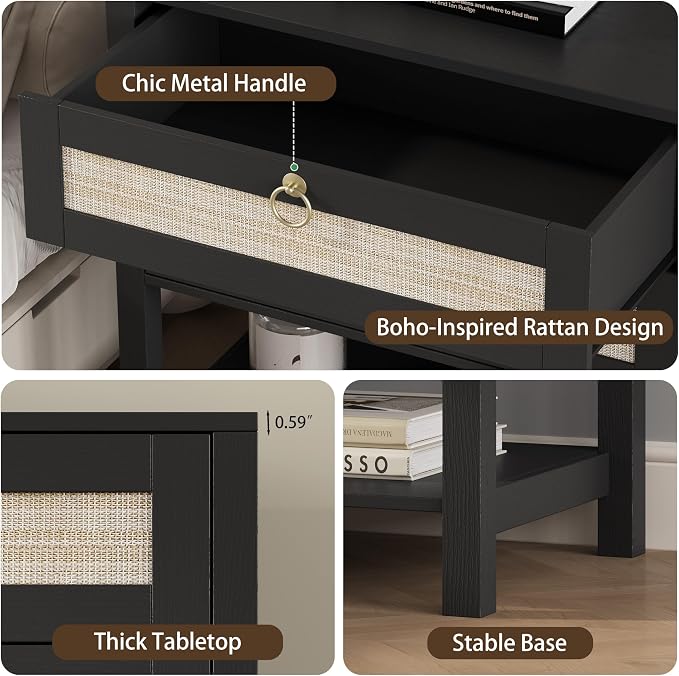Xixini Nightstand Set of 2, Rattan Boho Bedside Table - Image 5