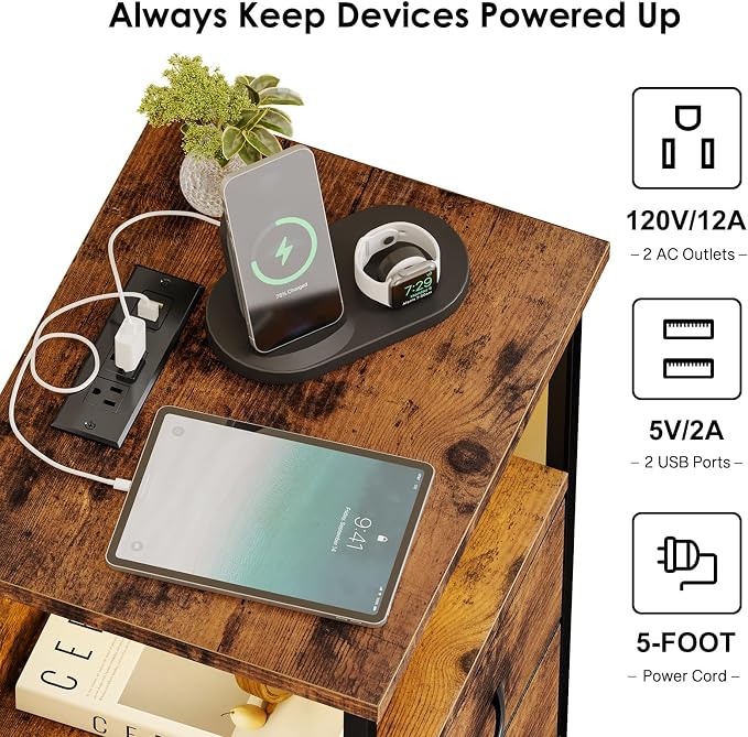 Fixwal Night Stand with Charging Station, LED Nightstand with Fabric Drawers - Image 5