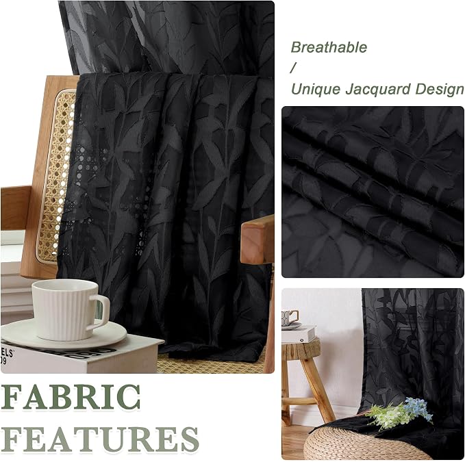 Lecloud Leia Black Sheer Curtains 90 Inches Long 2 Panels, Airy Leaf Textured - Image 3