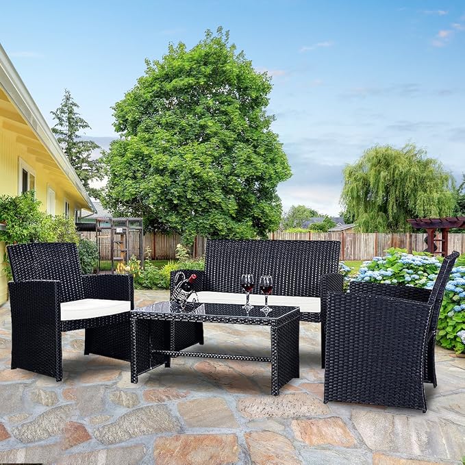 Goplus 4-Piece Rattan Patio Furniture Set, Outdoor Wicker Conversation Sofa - Image 2