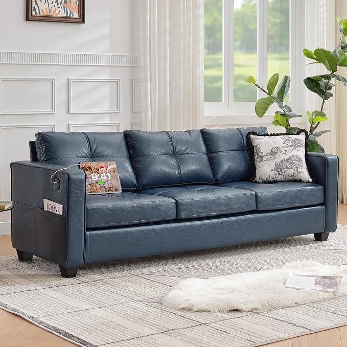 TYBOATLE 88" W Faux Leather Couch w/Side Pockets, Mid-Century Modern Tufted by TYBOATLE