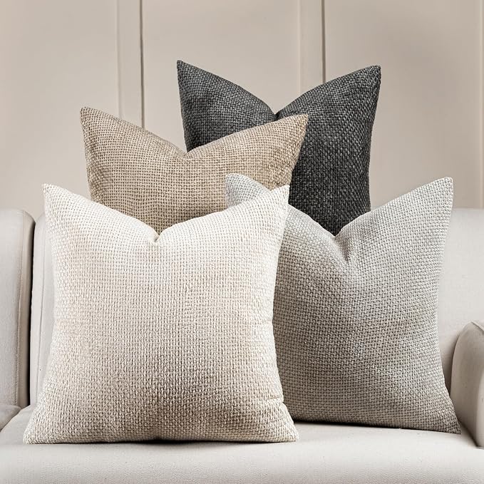 Volcanics Boho Throw Pillow Covers 20x20 Set of 4, Neutral Chenille Decorative by Volcanics