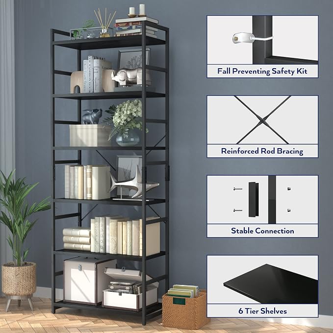 NUMENN 6 Tier Bookshelf, Tall Bookcase Shelf Storage Organizer, Modern Book - Image 6
