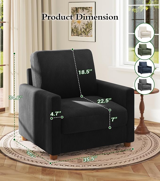 Kidirect 35.5in Corduroy Couch Accent Chair, Tool-Free Setup Living Room Sofa - Image 2