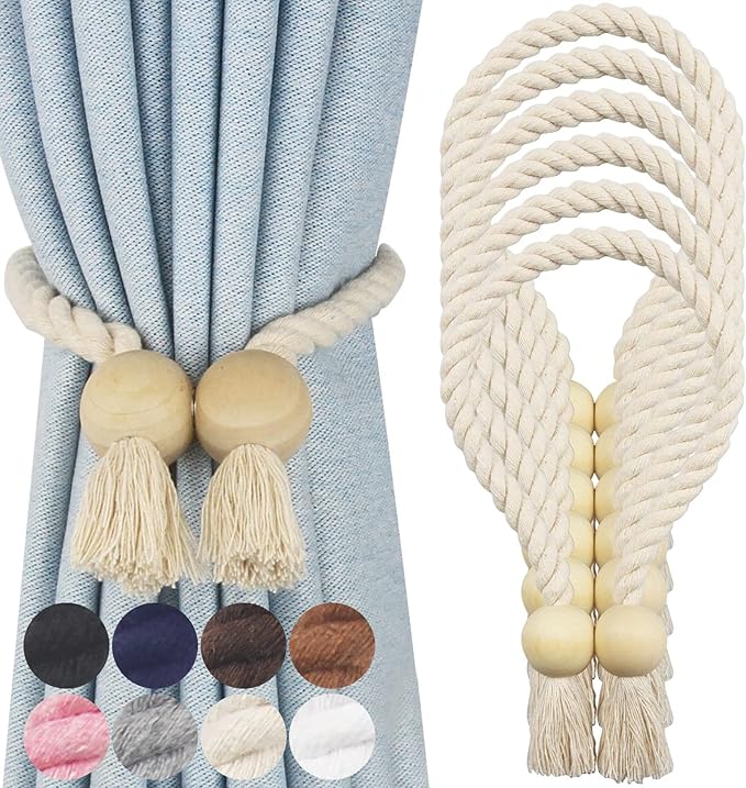 6 Pack Magnetic Curtain Tiebacks Cotton Hand Woven Tie Back Decorative Rope by CurtianTiebacks