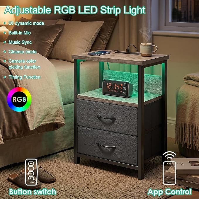 Fixwal Night Stand with Charging Station, LED Nightstand with U-S-B Ports and - Image 4