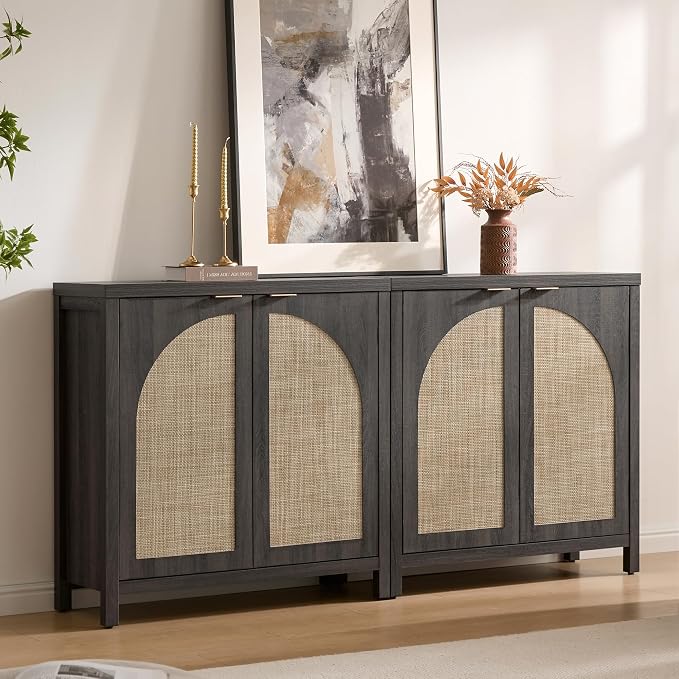 SICOTAS 102"W Rattan Sideboard Buffet Cabinet Set of 3, Modern Credenza Storage - Image 8