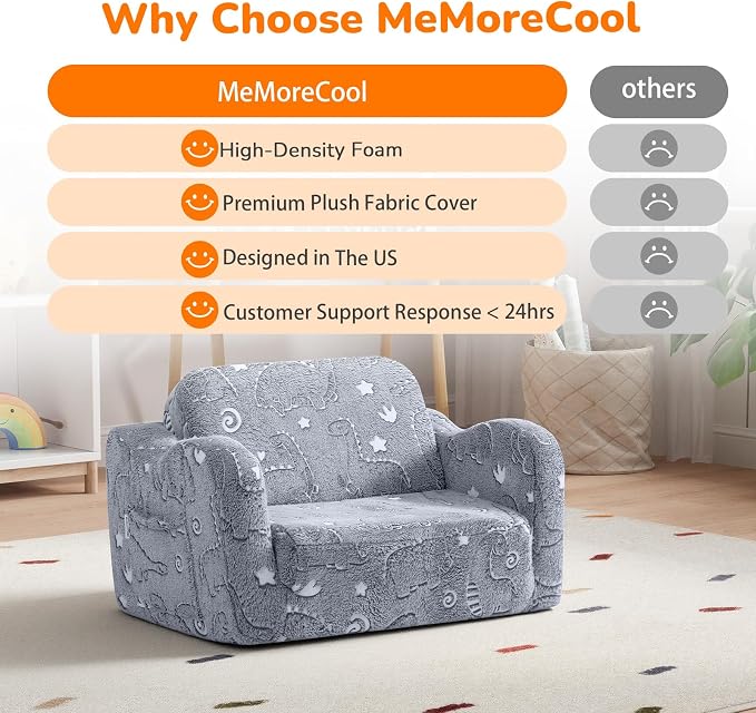 MeMoreCool Glow-in-the-Dark Dinosaur Kids Couch, 2-in-1 Foldable Kids Couch and - Image 6