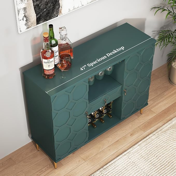 Modern Bar Cabinet with Drawer, Liquor Cabinet with Wine Glass Racks and Shelves - Image 4