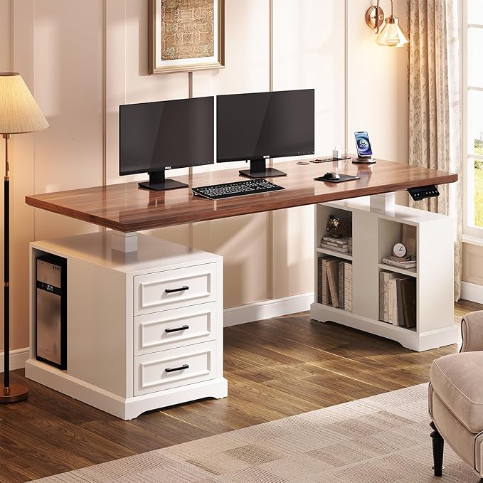 SEDETA Farmhouse Electric Standing Desk, Storage Shelves, Power Outlets by SEDETA