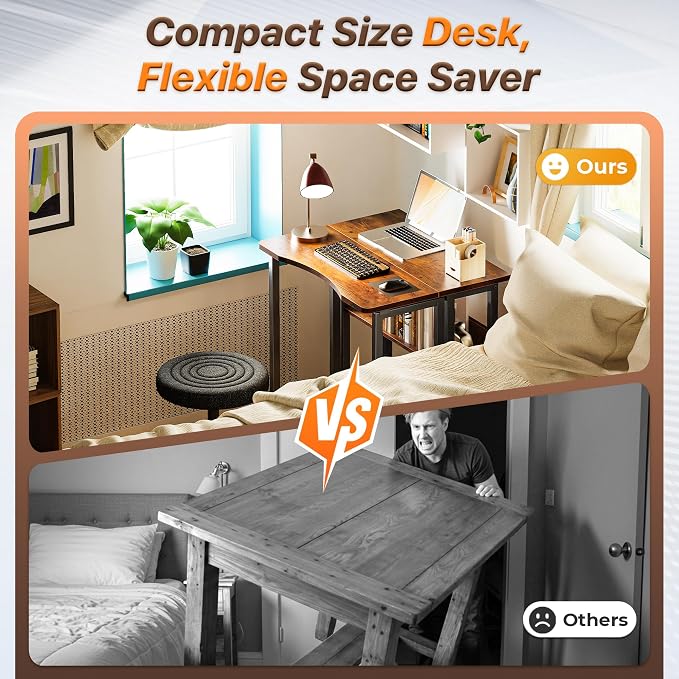 Huuger Folding Desk with Storage Shelf, 23.6 Inch Foldable Computer Table - Image 3