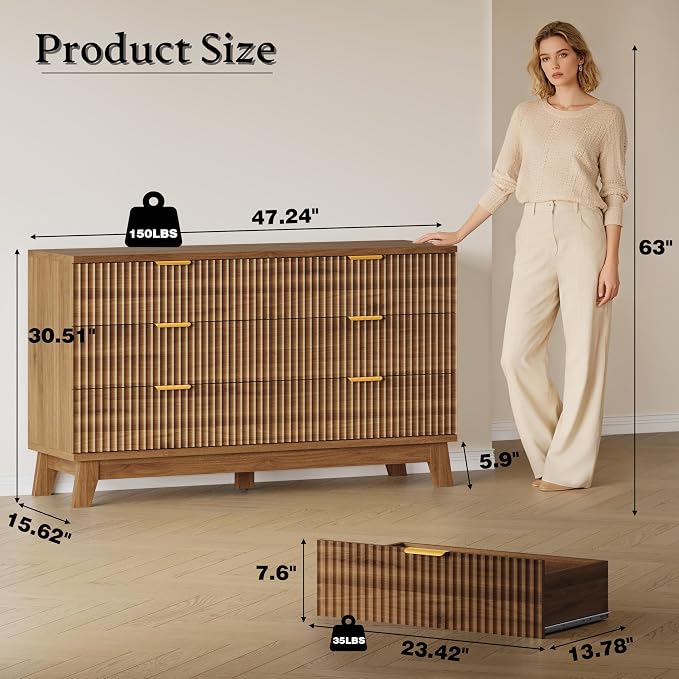 BORNOON Fluted 6 Drawer Dresser, 47.2" Wide Modern Boho Chest of Drawers - Image 2