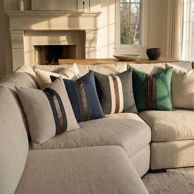 Set of 2 Leather Throw Pillow Covers Cotton Linen Decor Patchwork Pillow Cover - Image 6