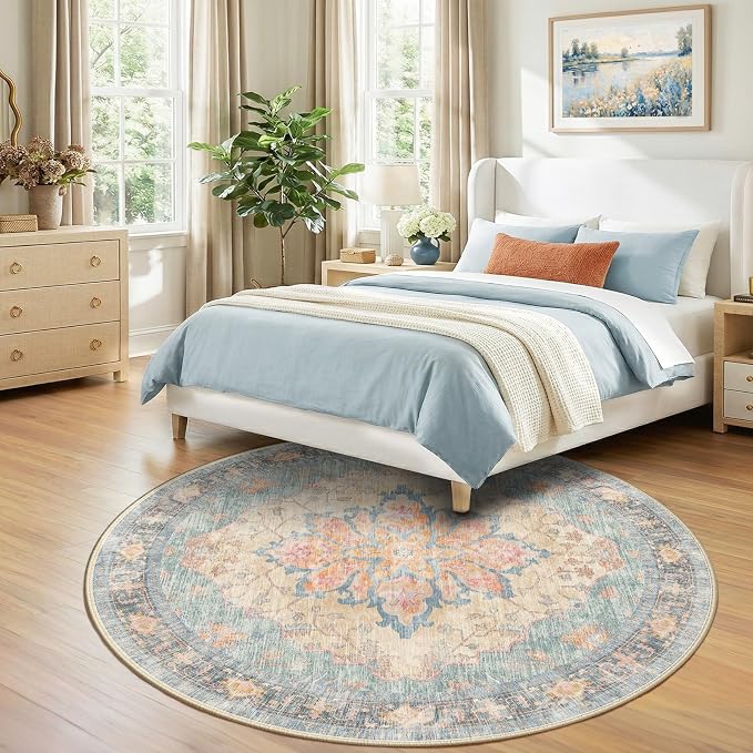 RELEANY Area Rugs Round 7ft Washable Non-Slip, Floral Vintage Distress Print - Image 2