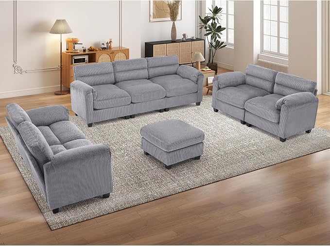 HAOMARKETS Corduroy Sofa Set, Upholstered Ottoman, Loveseat Set of 2, and by HAOMARKETS
