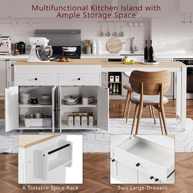 74.5 Inch Kitchen Island with Extendable Dining Table, Rolling Kitchen Island - Image 5
