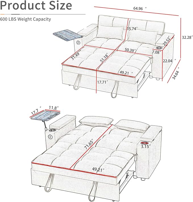 Auvsoce 65'' Convertible Sleeper Sofa Bed - Image 2