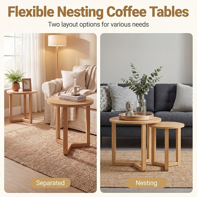 Tangkula Round Nesting Coffee Table Set of 2, Farmhouse End Tables - Image 5