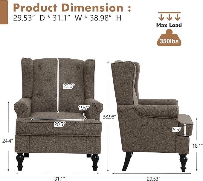 Accent Chair for Living Room, Mid Century Modern Upholstered Armchair, Wingback - Image 2