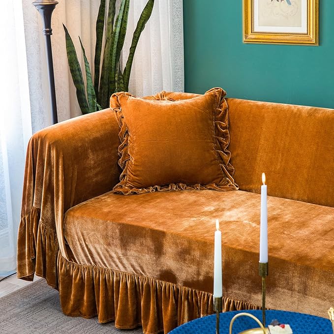 Velvet Sofa Cover Soft Decorative Luxurious Solid Exquisite Ruffle Trim - Image 3