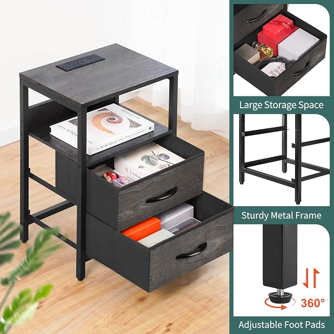Yoobure Nightstand with Charging Station, Small Night Stand with Fabric Drawers - Image 7
