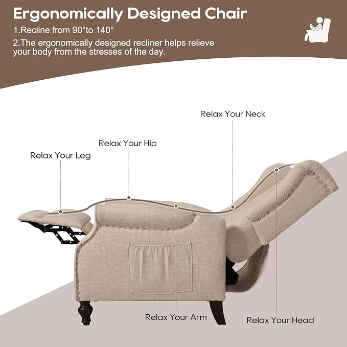 Wingback Chair with Massage and Heat, Tufted Fabric Pushback Recliner Chair - Image 6