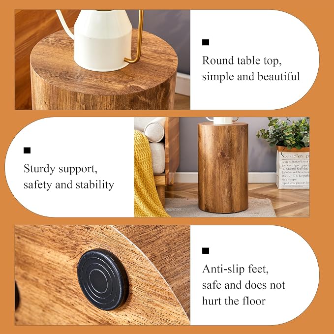 12'' Boho Cylinder Side Table for Living Room, Natural Wood Accent Tables - Image 7