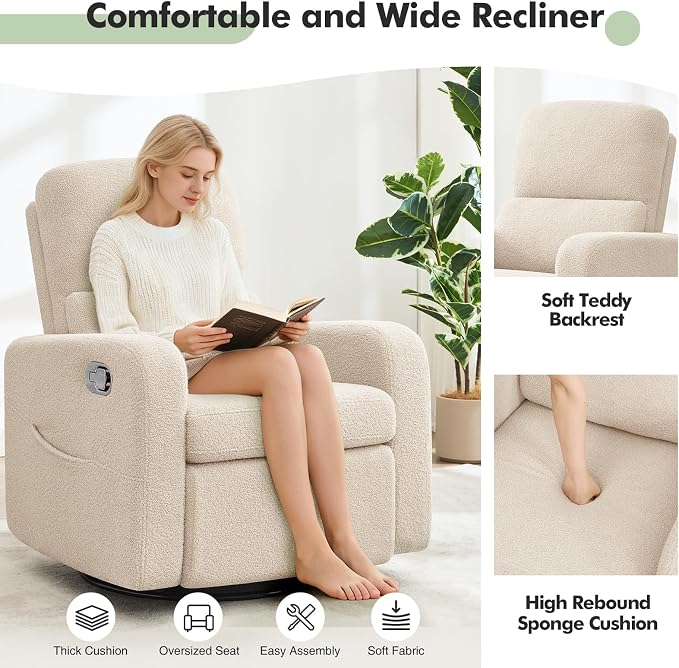Swivel Rocker Recliner, Oversized Manual Boucle Nursery Glider Rocking Recliner - Image 7