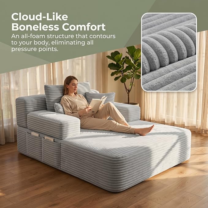 Oversized Boneless Chaise Sofa Bed, Corduroy Chaise Lounge Chair Indoor - Image 3