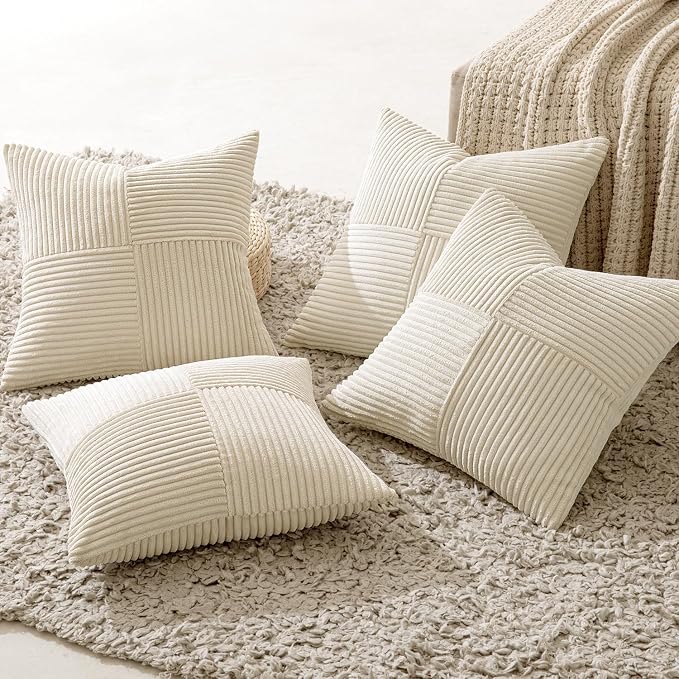 MIULEE Beige Throw Pillow Covers 20x20 Inch Set of 4 Boho Patchwork Cushion - Image 3