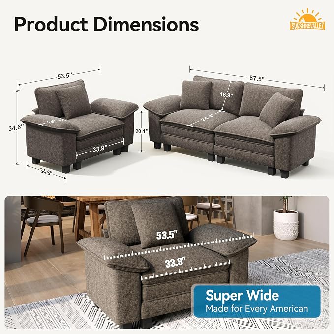 SUNSHINE VALLEY 2 Piece Living Room Sofa Furniture Set, Chenille Modular - Image 2
