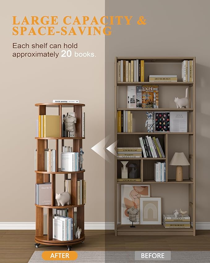4-Tier Solid Wood Rotating Bookshelf on Wheels, 360° Spinning Book Shelf Tower - Image 3