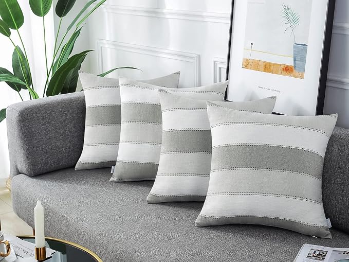 AmHoo Pack of 2 Farmhouse Stripe Check Throw Pillow Covers Set Case Cotton - Image 3